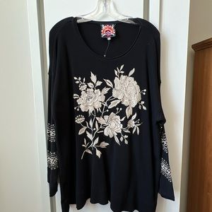 NWOT * JOHNNY WAS * Embroidered Thermal Tunic * Black * Size: 2X
